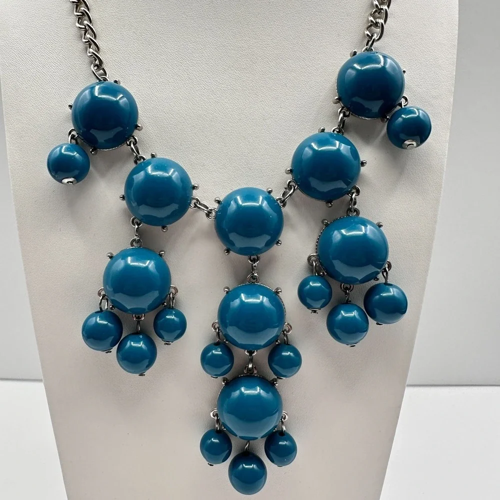 Vintage Y2K Blue Cabochon Beaded Bib Necklace Silver Tone Boho Jewelry